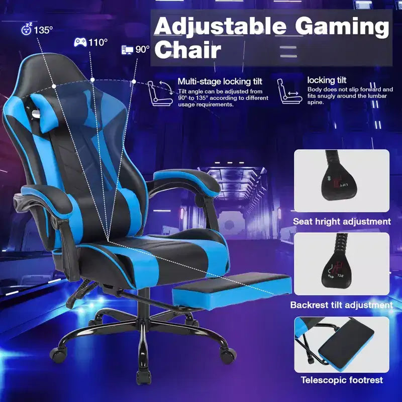 Chaise de jeu pivotante à 360°, Chaises de bureau à roulettes, Dossier inclinable, Hauteur d'assise et repose-pieds réglables, Chaises de jeu ergonomiques, Max 136 kg