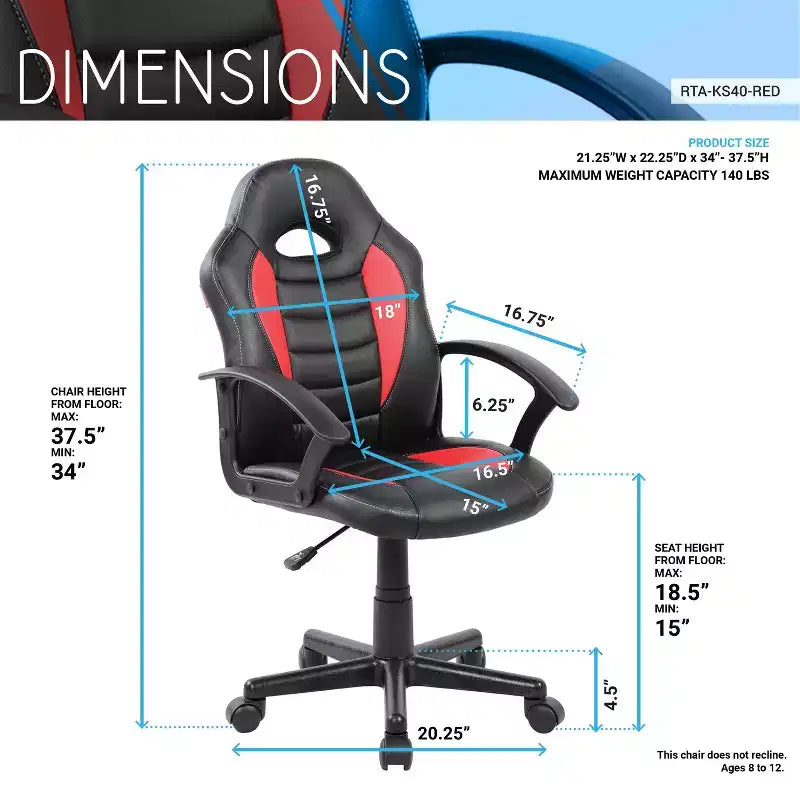 TUYOHW Kid's Ergonomics Gaming Chair 360 Swivel Chair with Wheels,Black/Red Computer Chair for Office&Home,Versatile Leisure Chair,Black/Red
