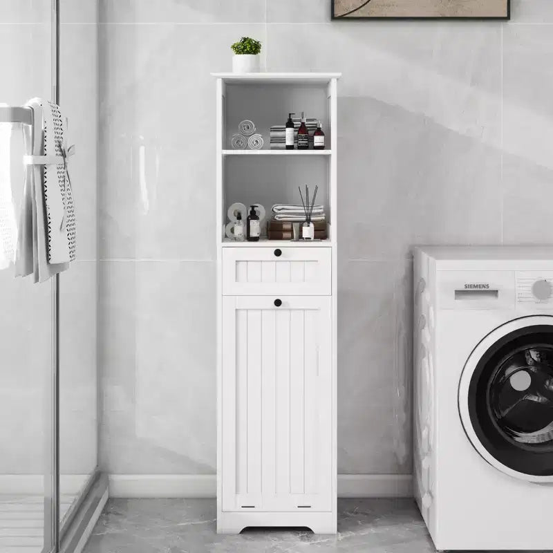 Meuble de salle de bain avec panier à linge, meuble de rangement inclinable avec étagères supérieures et tiroir pour salle de bain, buanderie