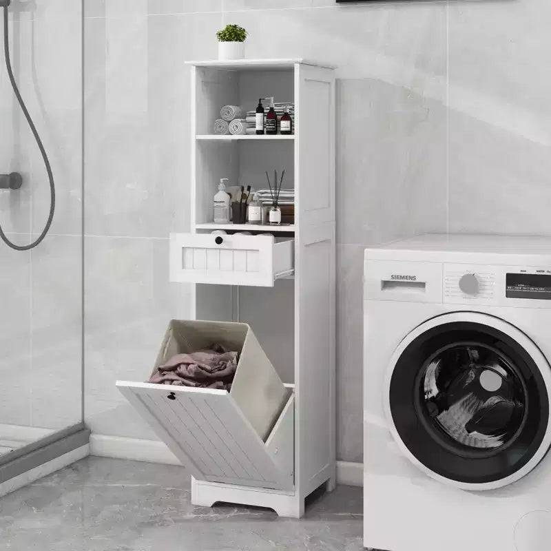 Meuble de salle de bain avec panier à linge, meuble de rangement inclinable avec étagères supérieures et tiroir pour salle de bain, buanderie
