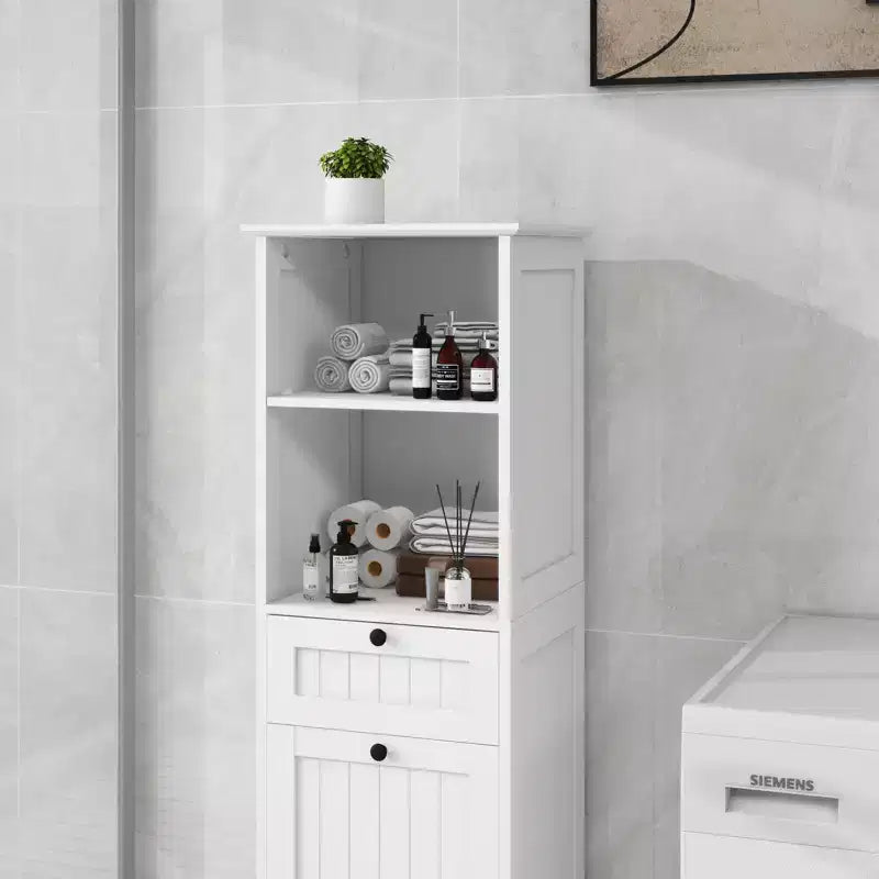 Meuble de salle de bain avec panier à linge, meuble de rangement inclinable avec étagères supérieures et tiroir pour salle de bain, buanderie