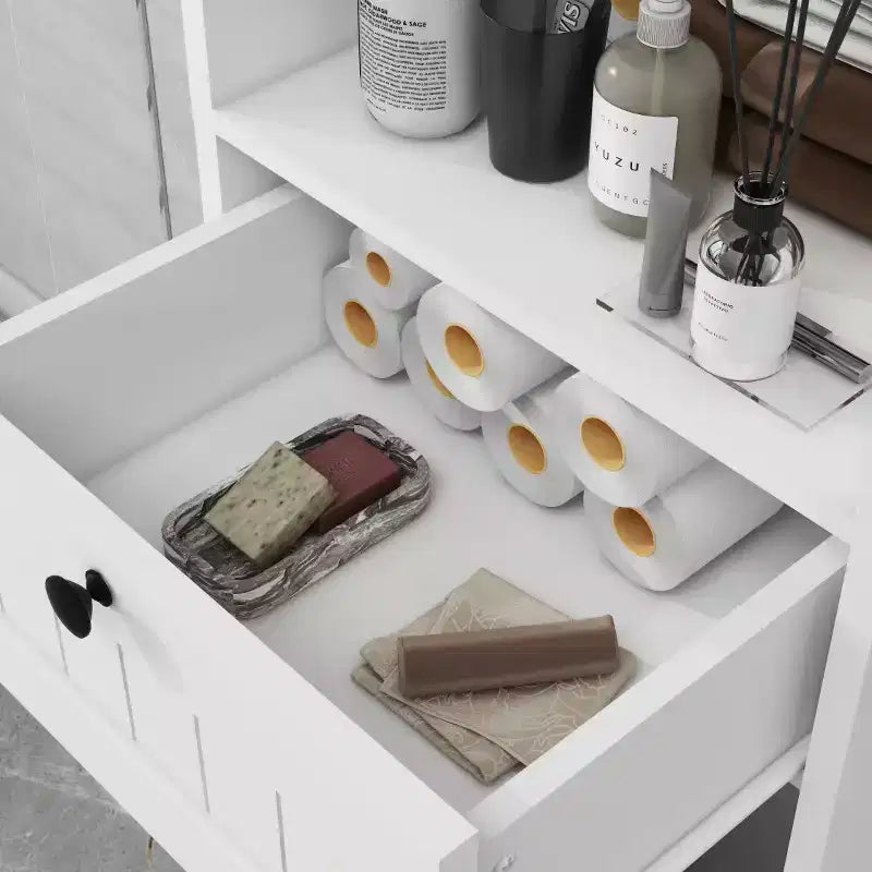 Meuble de salle de bain avec panier à linge, meuble de rangement inclinable avec étagères supérieures et tiroir pour salle de bain, buanderie