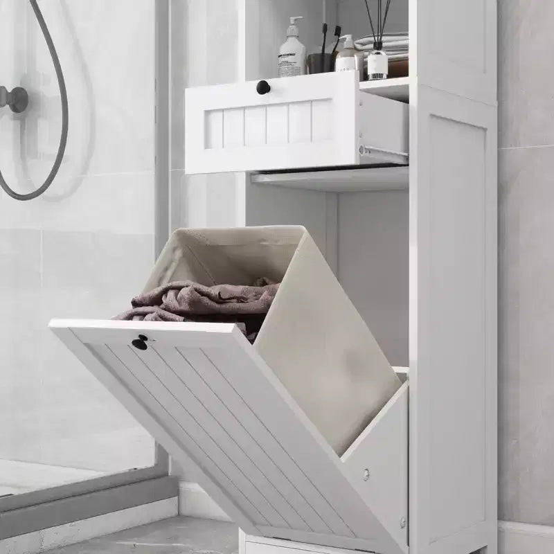 Meuble de salle de bain avec panier à linge, meuble de rangement inclinable avec étagères supérieures et tiroir pour salle de bain, buanderie