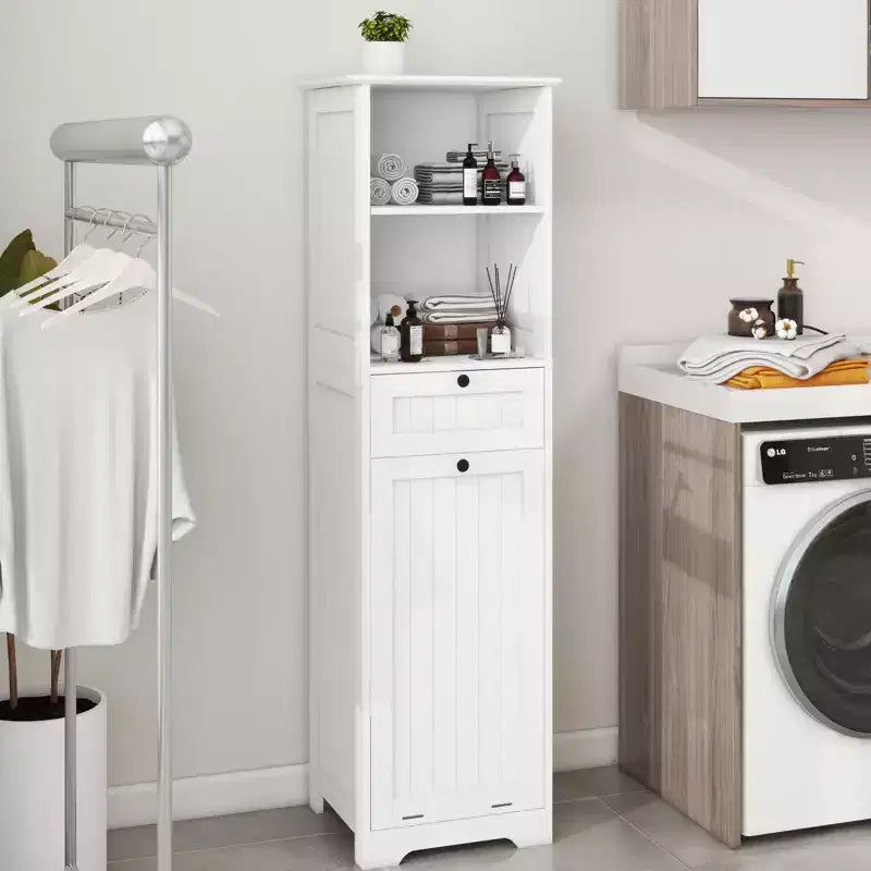 Meuble de salle de bain avec panier à linge, meuble de rangement inclinable avec étagères supérieures et tiroir pour salle de bain, buanderie