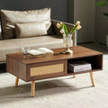 JVNOXK 41.34inch Rattan Coffee table, Sliding Door for Storage, Solid Wood Legs, Modern Table for Living Room , Walnut