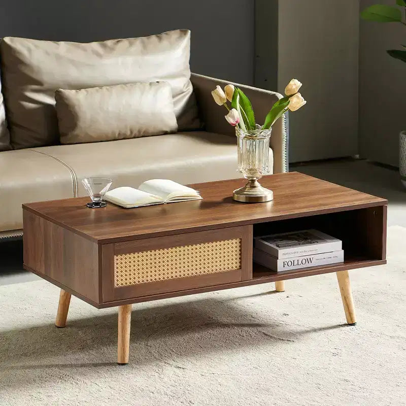 JVNOXK 41.34inch Rattan Coffee table, Sliding Door for Storage, Solid Wood Legs, Modern Table for Living Room , Walnut