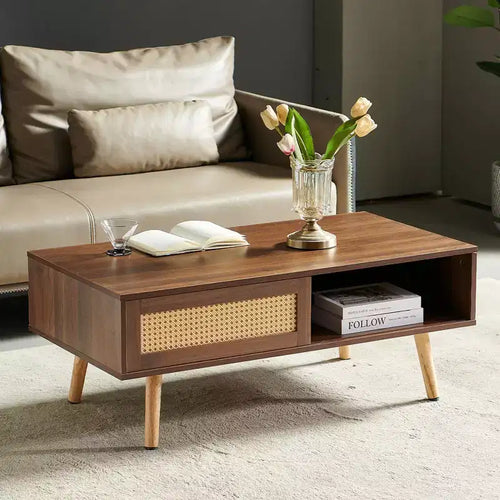 JVNOXK 41.34inch Rattan Coffee table, Sliding Door for Storage, Solid Wood Legs, Modern Table for Living Room , Walnut