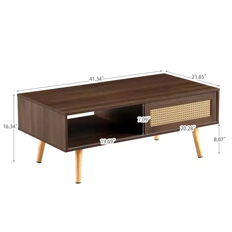 Table basse en rotin de 41,34 pouces, porte coulissante pour le rangement, pieds en bois massif, table moderne pour salon, noyer