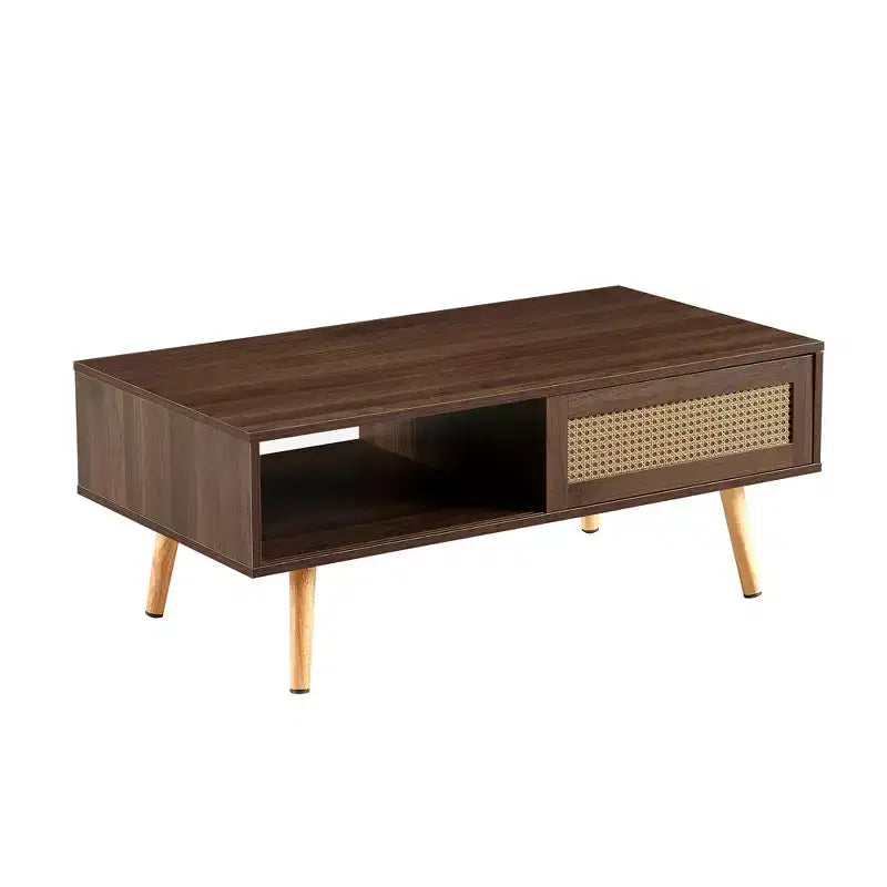 Table basse en rotin de 41,34 pouces, porte coulissante pour le rangement, pieds en bois massif, table moderne pour salon, noyer