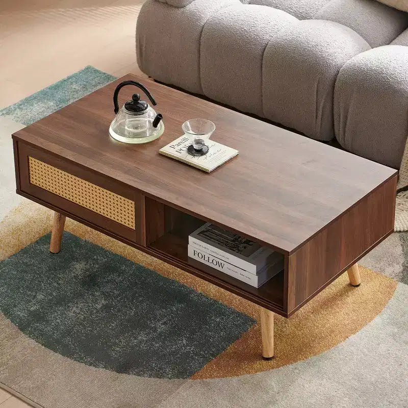 Table basse en rotin de 41,34 pouces, porte coulissante pour le rangement, pieds en bois massif, table moderne pour salon, noyer