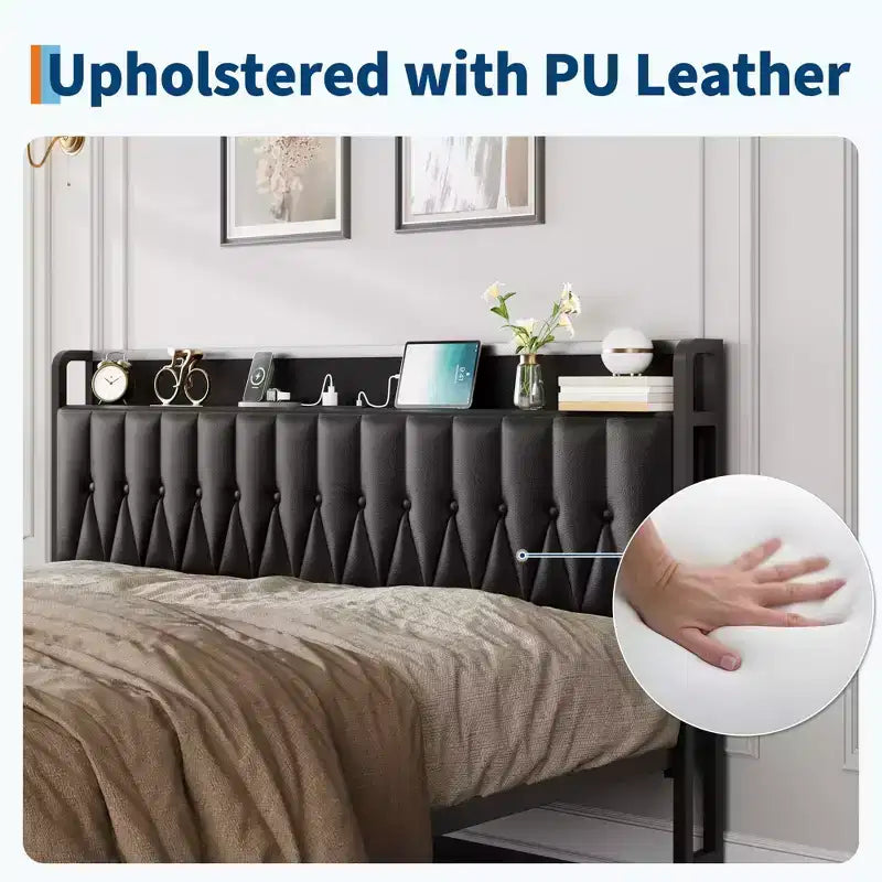 Bed Frame with Charging Station, All-Metal Platform Bed Frame with Storage Faux Leather Button Headboard and Footboard, No Box Spring Needed, Black