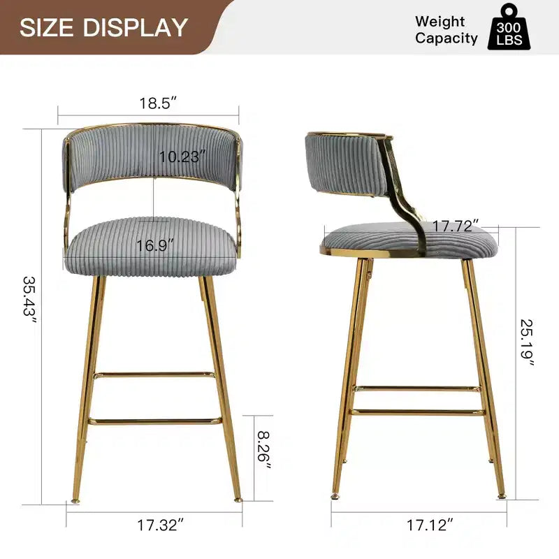 Tabourets de bar hauteur comptoir 66 cm, Tabouret de bar en velours côtelé moelleux avec base et repose-pieds chromés dorés, Tabourets de cuisine élégants pour la décoration intérieure