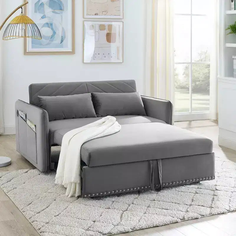 Canapé-lit, Velours, Port USB, Canapé gigogne avec 2 poches latérales et 2 oreillers pour petits salons ou chambres