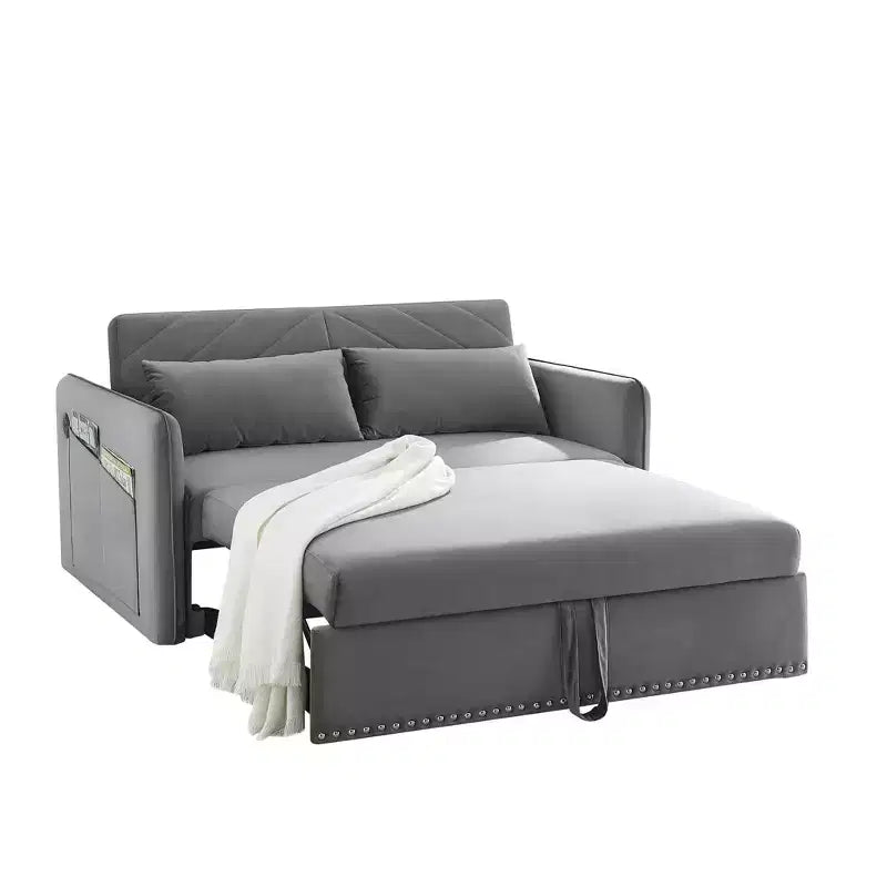 Canapé-lit, Velours, Port USB, Canapé gigogne avec 2 poches latérales et 2 oreillers pour petits salons ou chambres