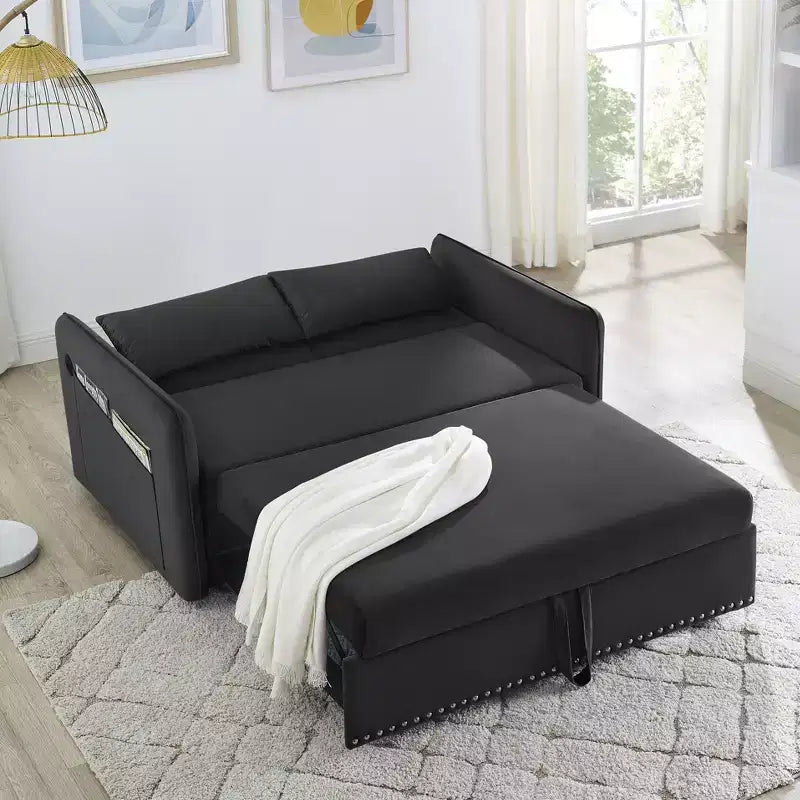 Canapé-lit, Velours, Port USB, Canapé gigogne avec 2 poches latérales et 2 oreillers pour petits salons ou chambres