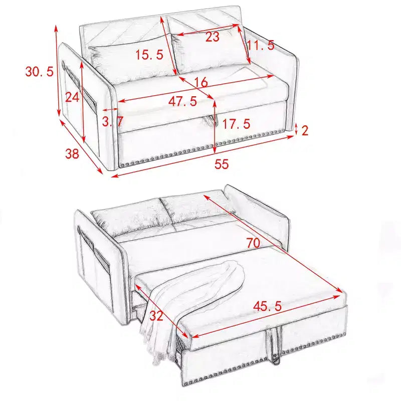 Canapé-lit, Velours, Port USB, Canapé gigogne avec 2 poches latérales et 2 oreillers pour petits salons ou chambres