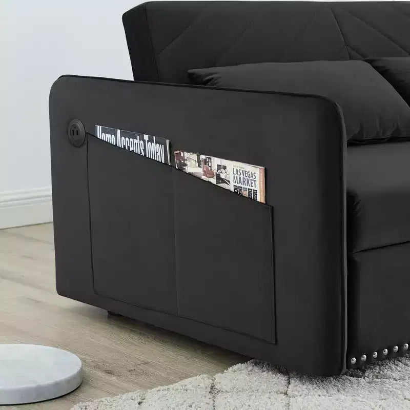 Canapé-lit, Velours, Port USB, Canapé gigogne avec 2 poches latérales et 2 oreillers pour petits salons ou chambres
