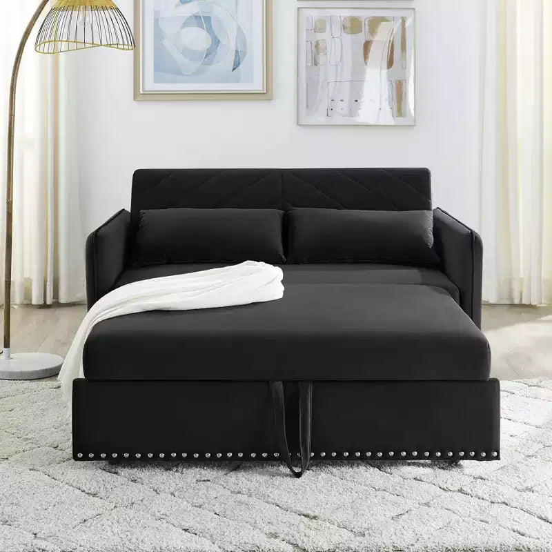 Love Seat Sofa Bed, Velvet, USB Port, Pull Out Couch with 2 Side Pockets & 2 Pillows for Small Living Room Bedroom Spaces
