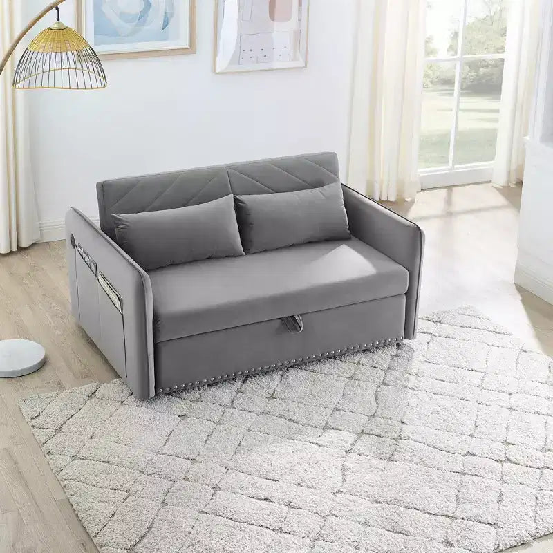 Canapé-lit, Velours, Port USB, Canapé gigogne avec 2 poches latérales et 2 oreillers pour petits salons ou chambres