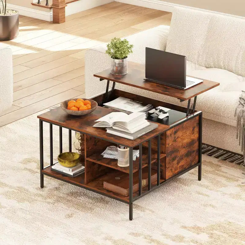 JVNOXK 31.5-inch Farmhouse-Style Lift-Top Coffee Table Adjustable Height Living Room Table Multi-Functional Table with Hidden Storage Compartment