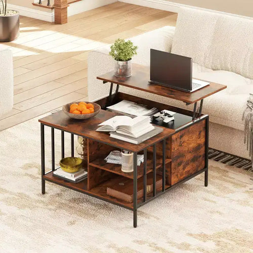 JVNOXK 31.5-inch Farmhouse-Style Lift-Top Coffee Table Adjustable Height Living Room Table Multi-Functional Table with Hidden Storage Compartment