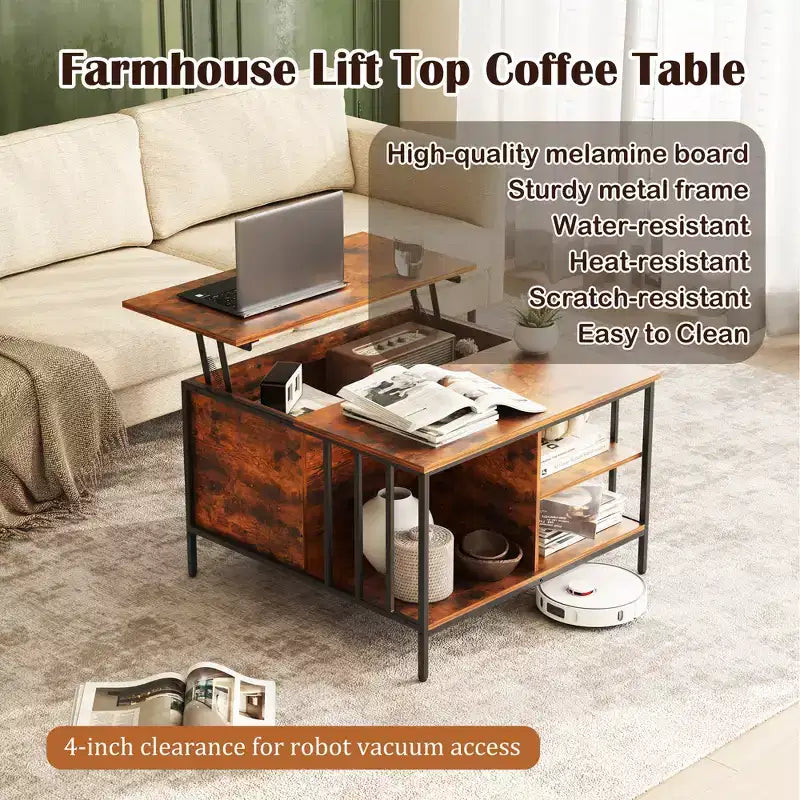Table basse style ferme avec dessus relevable de 31,5 po, hauteur réglable, table de salon multifonctionnelle avec compartiment de rangement caché