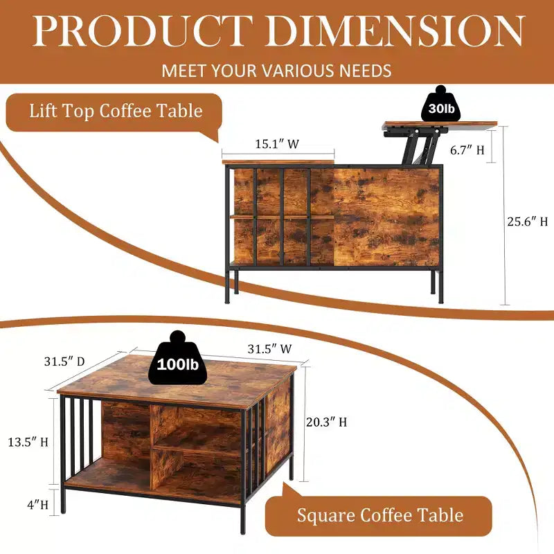 Table basse style ferme avec dessus relevable de 31,5 po, hauteur réglable, table de salon multifonctionnelle avec compartiment de rangement caché