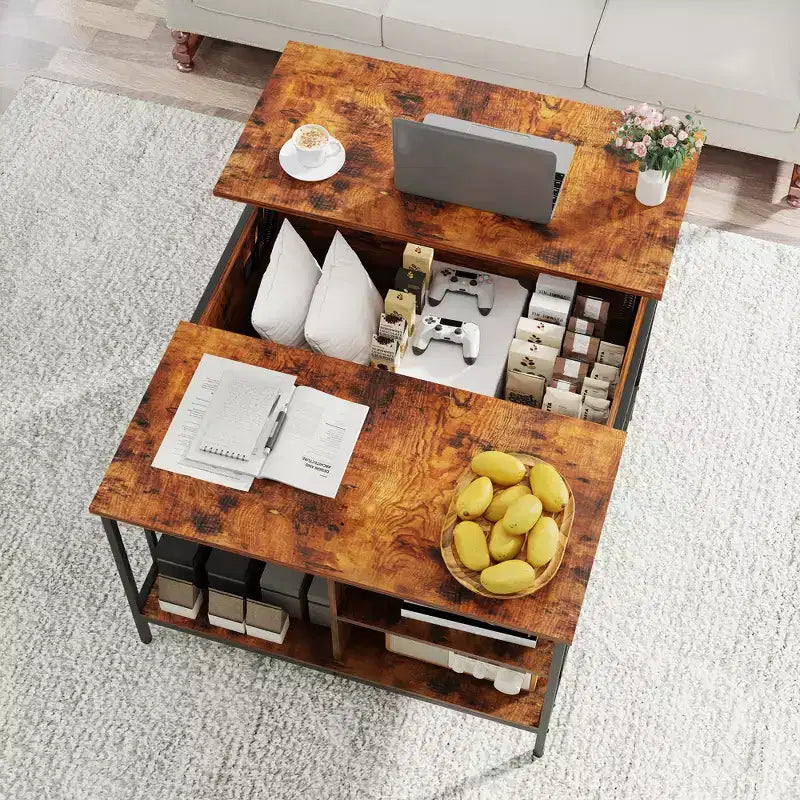 Table basse style ferme avec dessus relevable de 31,5 po, hauteur réglable, table de salon multifonctionnelle avec compartiment de rangement caché