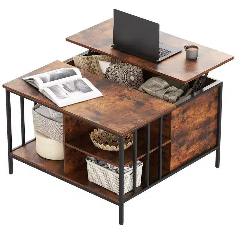Table basse style ferme avec dessus relevable de 31,5 po, hauteur réglable, table de salon multifonctionnelle avec compartiment de rangement caché