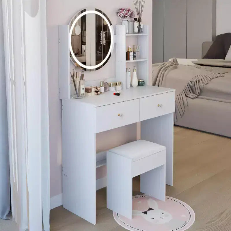 Coiffeuse élégante avec miroir rond, coiffeuse avec tabouret rembourré et interrupteur tactile, table de maquillage avec grand espace de rangement, blanc