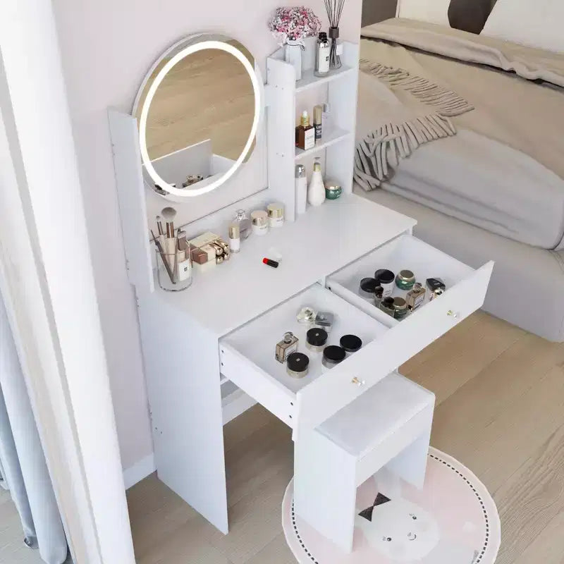 Coiffeuse élégante avec miroir rond, coiffeuse avec tabouret rembourré et interrupteur tactile, table de maquillage avec grand espace de rangement, blanc