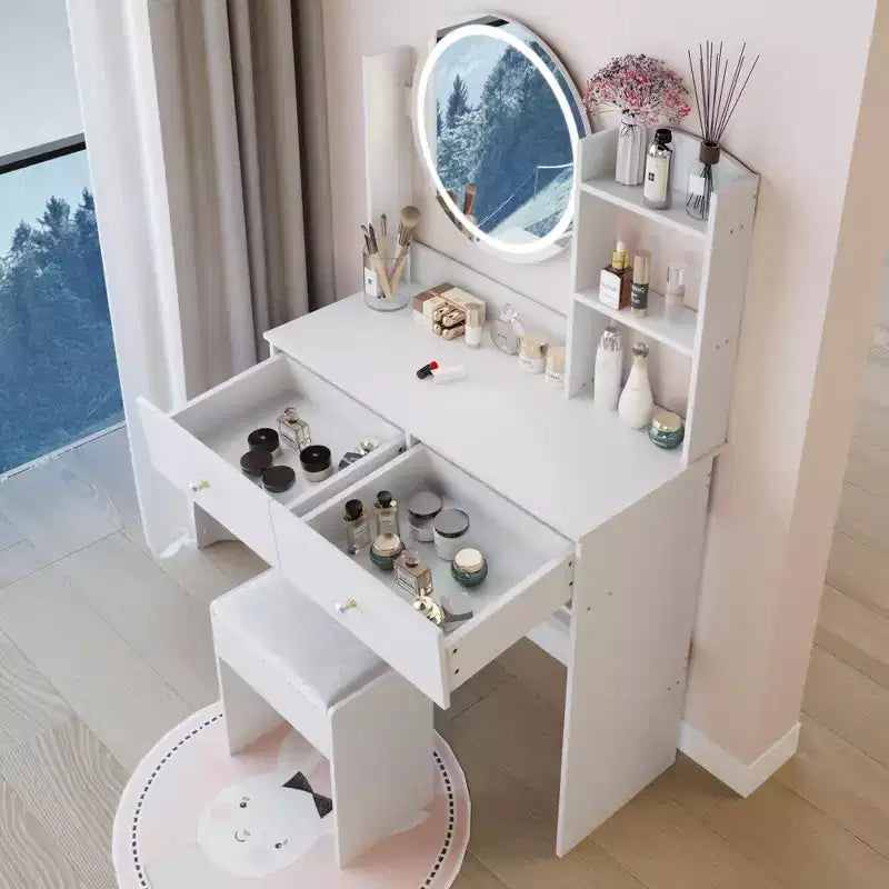 Coiffeuse élégante avec miroir rond, coiffeuse avec tabouret rembourré et interrupteur tactile, table de maquillage avec grand espace de rangement, blanc