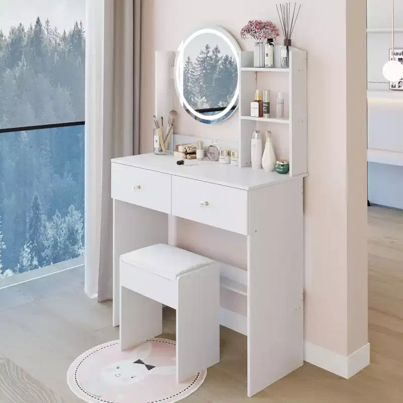 Coiffeuse élégante avec miroir rond, coiffeuse avec tabouret rembourré et interrupteur tactile, table de maquillage avec grand espace de rangement, blanc