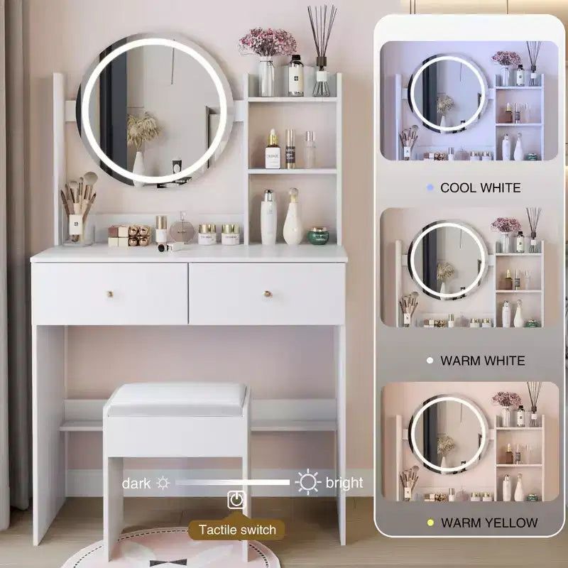 Coiffeuse élégante avec miroir rond, coiffeuse avec tabouret rembourré et interrupteur tactile, table de maquillage avec grand espace de rangement, blanc