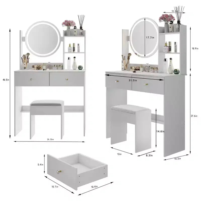 Coiffeuse élégante avec miroir rond, coiffeuse avec tabouret rembourré et interrupteur tactile, table de maquillage avec grand espace de rangement, blanc