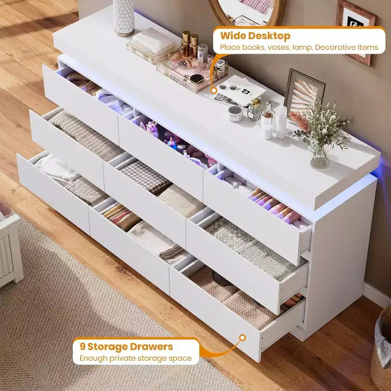 Acekool 9 Drawer Dresser with Ports and Outlets, 63 Inch Wide Chest of Drawers and TV Stand, Bedroom Storage Cabinet