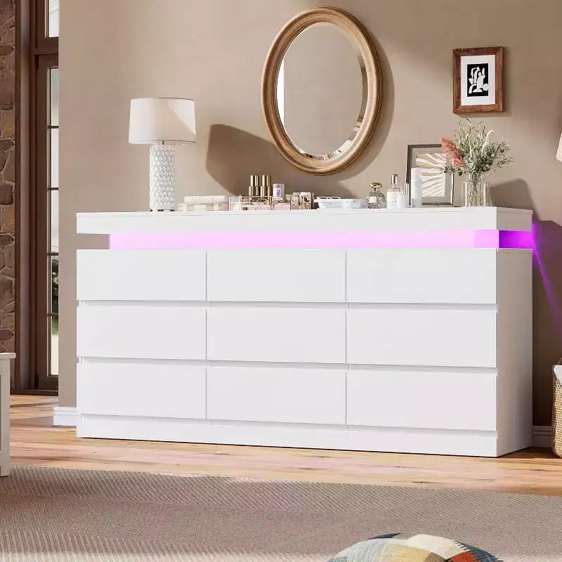 Acekool 9 Drawer Dresser with Ports and Outlets, 63 Inch Wide Chest of Drawers and TV Stand, Bedroom Storage Cabinet