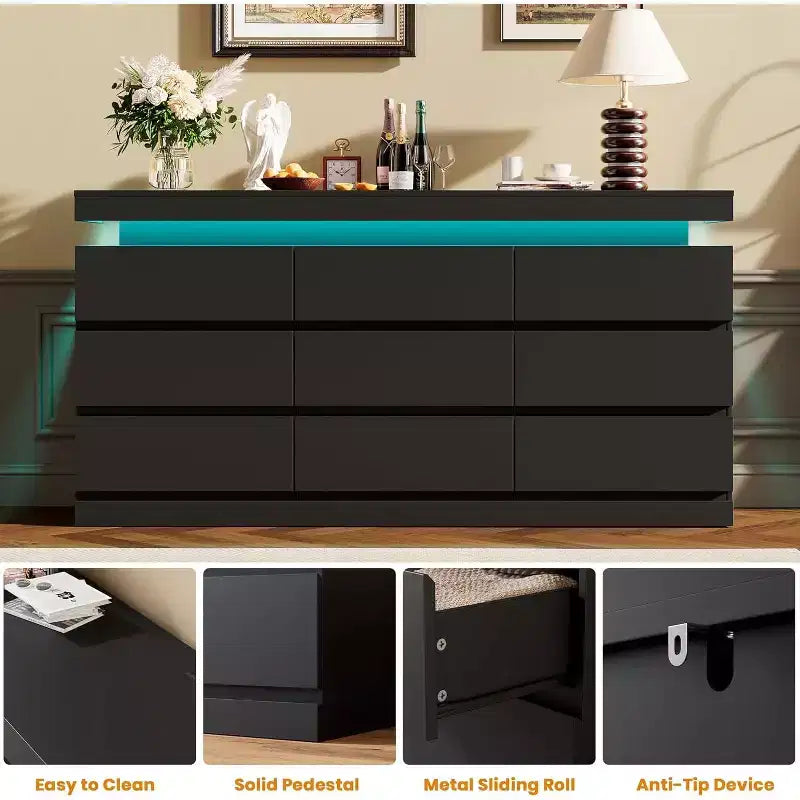 Acekool 9 Drawer Dresser with Ports and Outlets, 63 Inch Wide Chest of Drawers and TV Stand, Bedroom Storage Cabinet