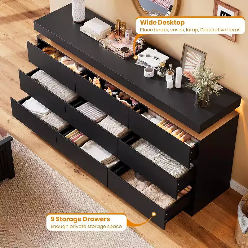 Acekool 9 Drawer Dresser with Ports and Outlets, 63 Inch Wide Chest of Drawers and TV Stand, Bedroom Storage Cabinet