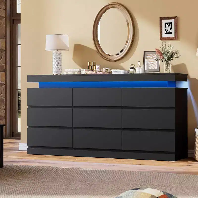 Acekool 9 Drawer Dresser with Ports and Outlets, 63 Inch Wide Chest of Drawers and TV Stand, Bedroom Storage Cabinet