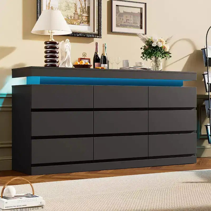 Acekool 9 Drawer Dresser with Ports and Outlets, 63 Inch Wide Chest of Drawers and TV Stand, Bedroom Storage Cabinet