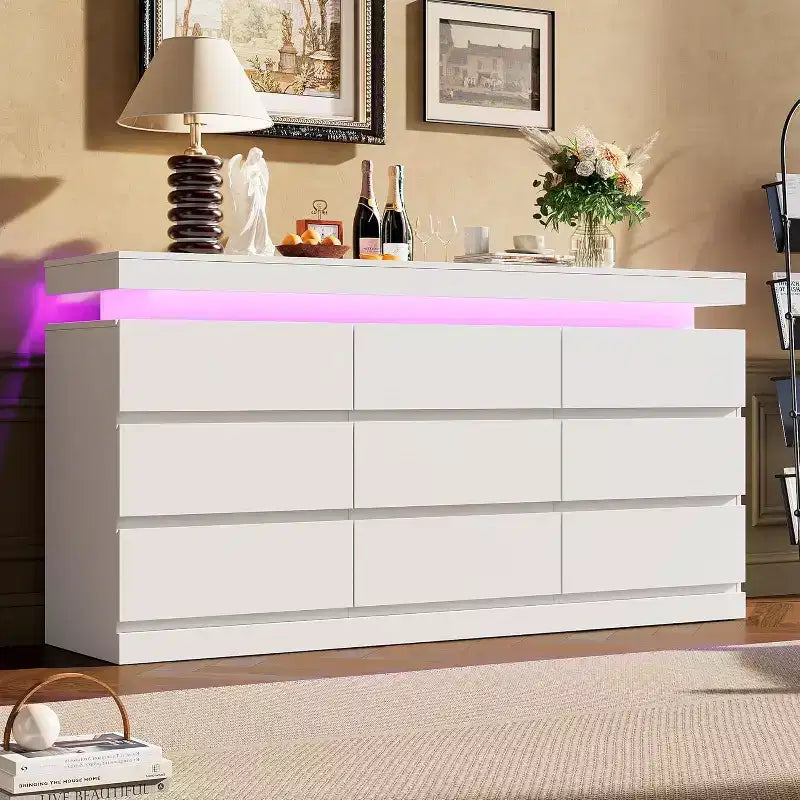 Acekool 9 Drawer Dresser with Ports and Outlets, 63 Inch Wide Chest of Drawers and TV Stand, Bedroom Storage Cabinet