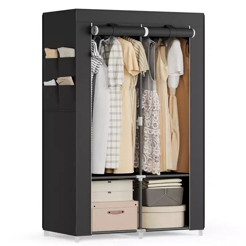 SONGMICS Portable Closet, Wardrobe Closet Organizer with Cover, 2 Hanging Rods and Shelves, 4 Side Pockets, Large Capacity, Ink Black