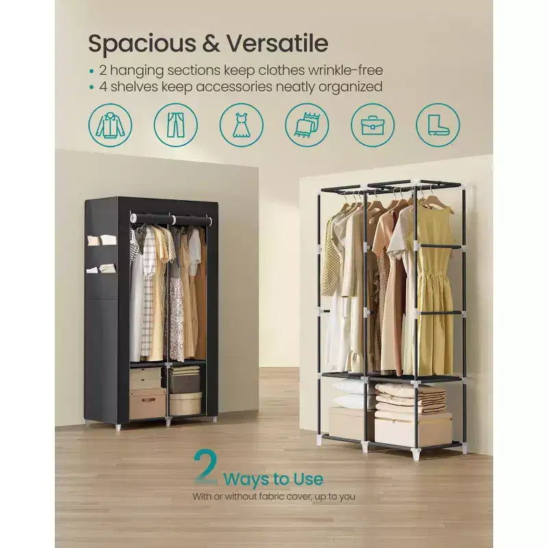 Armoire portative, organisateur de penderie avec housse, 2 tringles de suspension et étagères, 4 poches latérales, grande capacité, noir encre