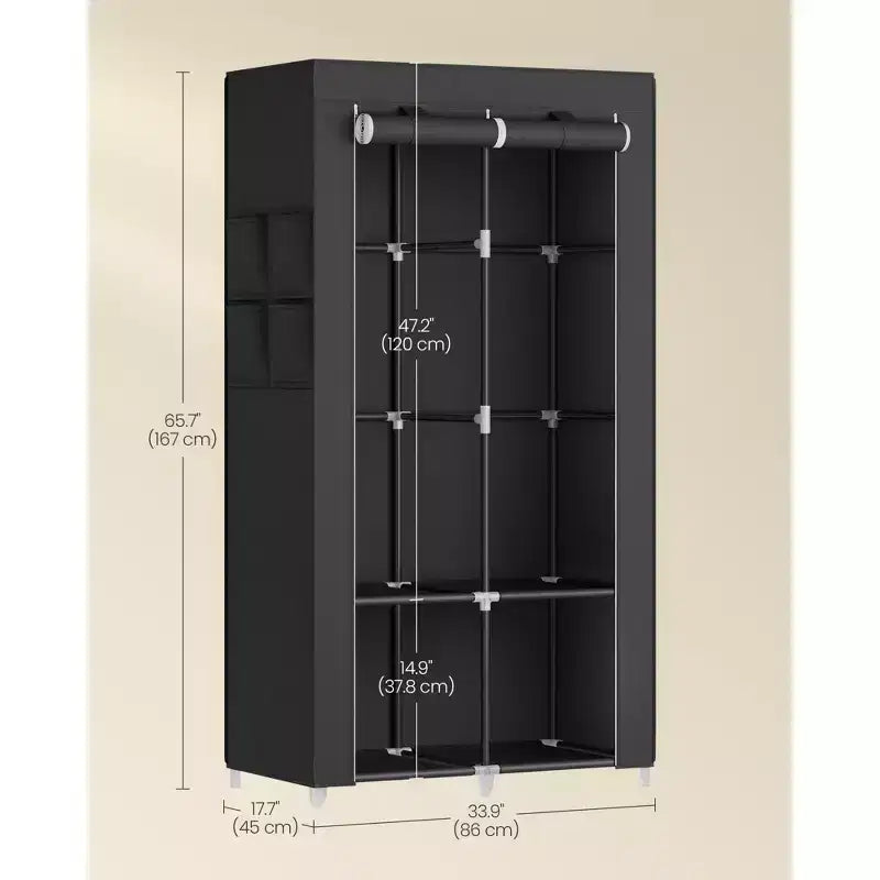 Armoire portative, organisateur de penderie avec housse, 2 tringles de suspension et étagères, 4 poches latérales, grande capacité, noir encre