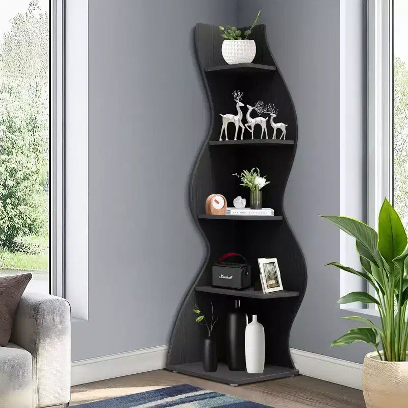 Étagère d'angle murale, bibliothèque flottante à 5 niveaux pour maison moderne - Unité de rangement et de présentation peu encombrante, noire