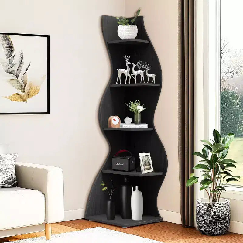 Étagère d'angle murale, bibliothèque flottante à 5 niveaux pour maison moderne - Unité de rangement et de présentation peu encombrante, noire