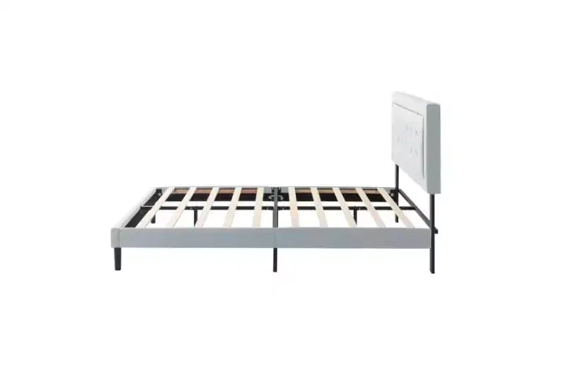 Lit plateforme pleine grandeur avec tête de lit et sommier tapissiers en velours/lin, lit classique en bois pour chambre principale
