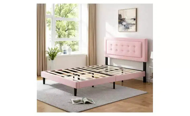 Lit plateforme pleine grandeur avec tête de lit et sommier tapissiers en velours/lin, lit classique en bois pour chambre principale