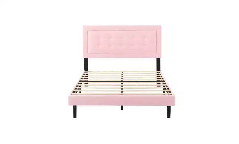 Lit plateforme pleine grandeur avec tête de lit et sommier tapissiers en velours/lin, lit classique en bois pour chambre principale